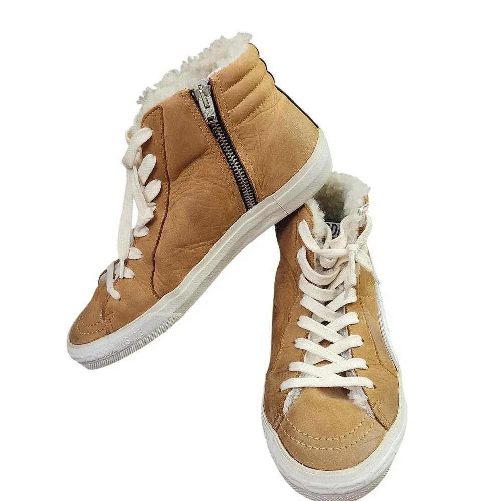 Golden Goose Slide Tan Suede Shearling Lined High Top Sneakers Silver Star 37